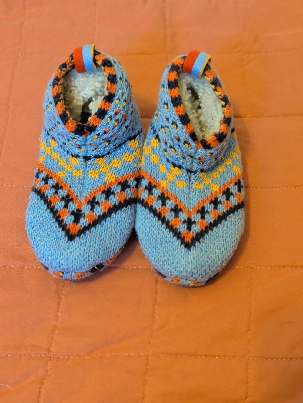 Cozy Blue Knit Toddler One-Piece Slippers with Orange Accents